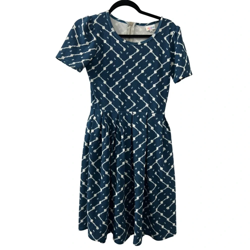 LuLaRoe Blue White Geometric Print Fit Flare Midi Dress Short Sleeve Pockets - Picture 1 of 10